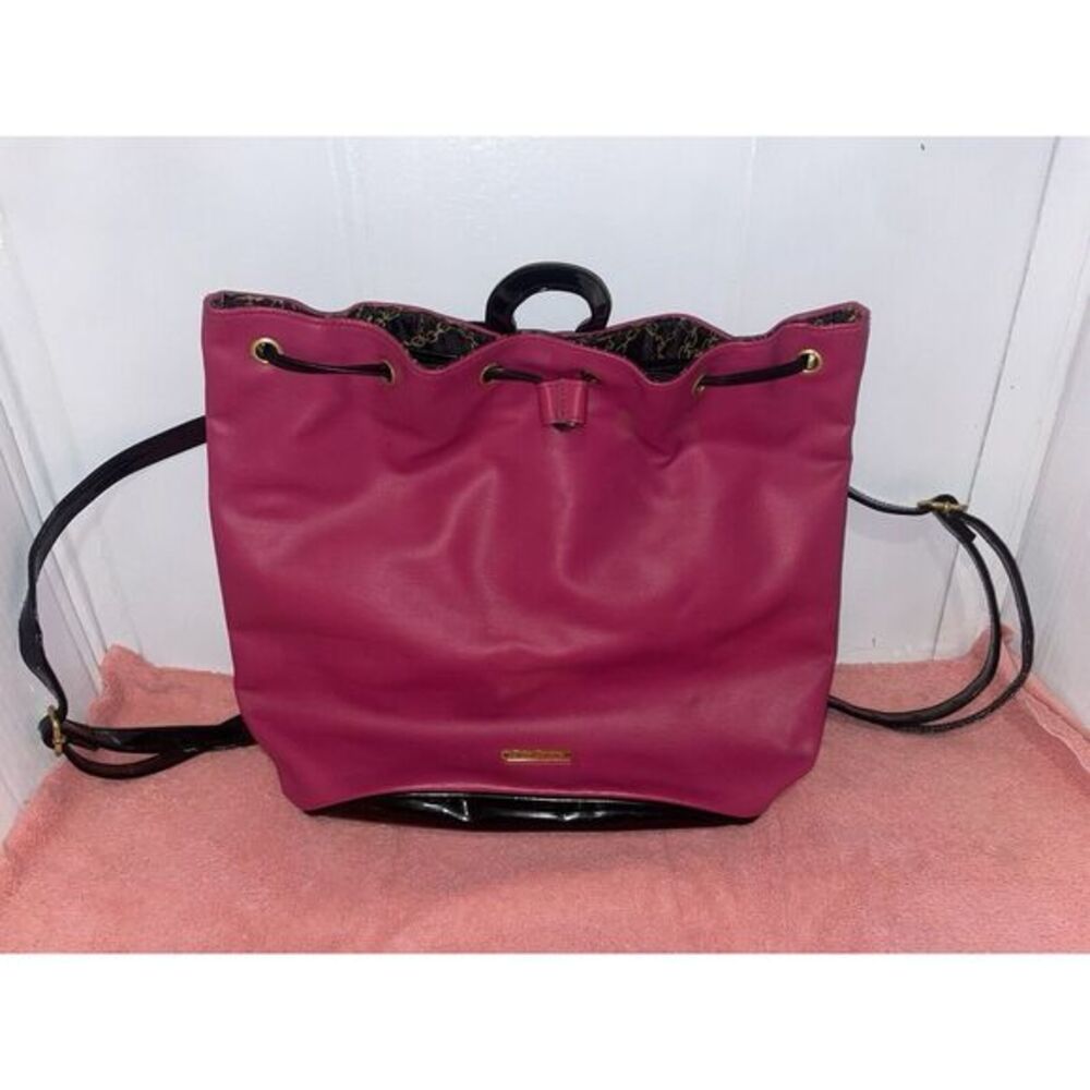 Juicy Couture Fuchia & Black Faux Leather Bucket Drawstring Backpack Gold Accent